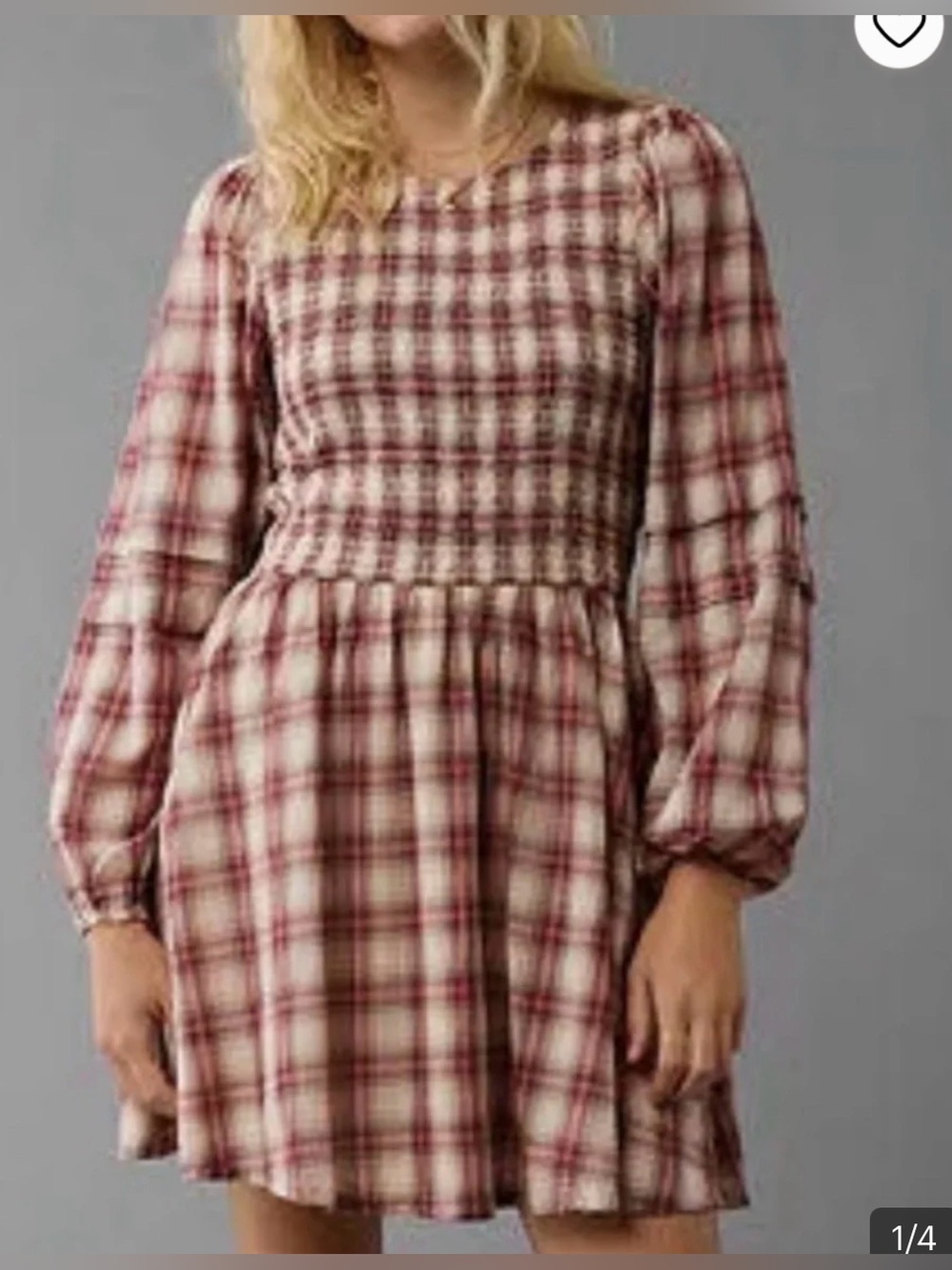 AMERICAN EAGLE- Plaid Smocked Waist Long-Sleeve Mini Dress - pink/burgundy/Cream